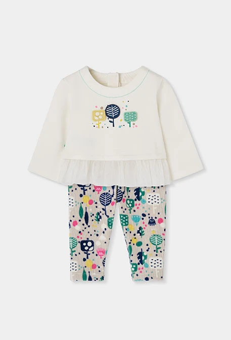Babymädchen-Strickset weiß mit Baumdruckmuster
