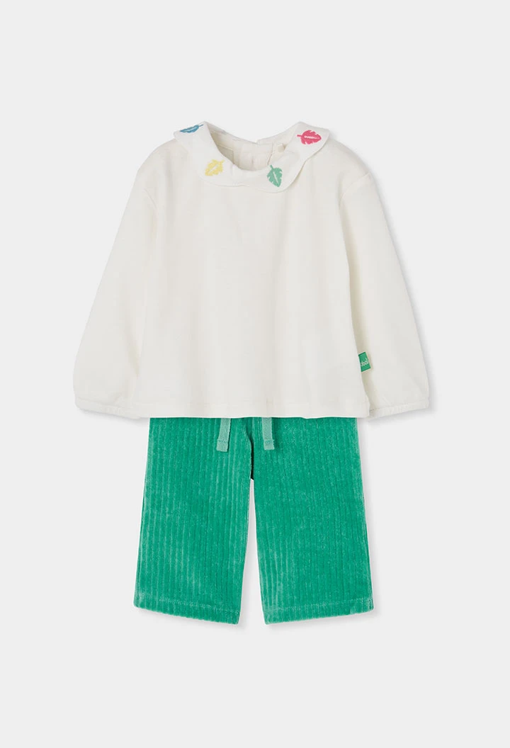 Conjunto punto bebé niña blanco bordado hojas