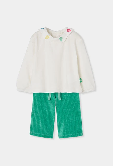 Completo in maglia neonata bianco ricamato foglie
