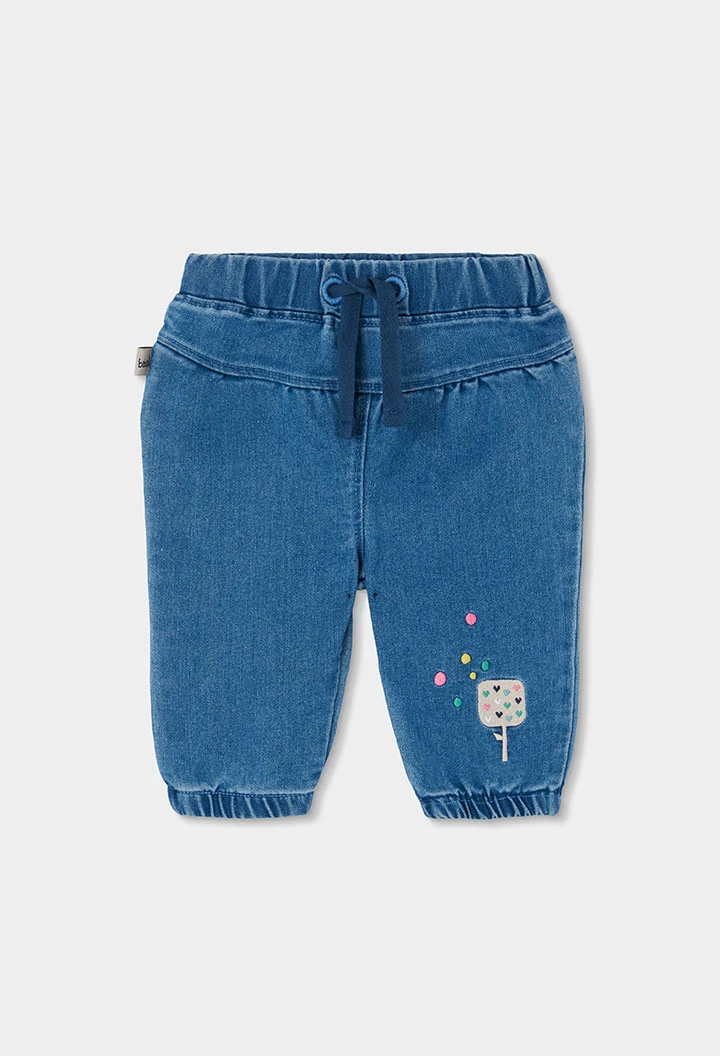 Pantaloni denim neonata azzurri ricamati con gelato