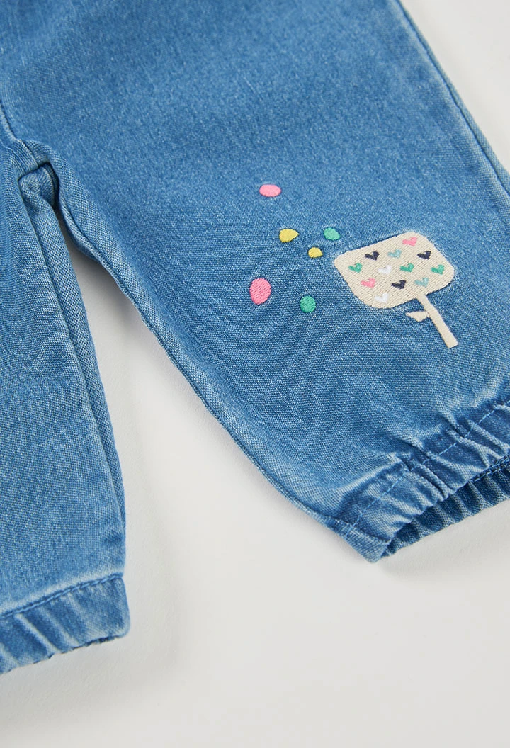 Pantalón denim bebé niña azul bordado de helado