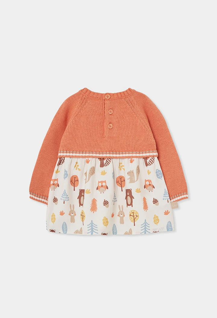 Vestido laranja estampado com animais da floresta