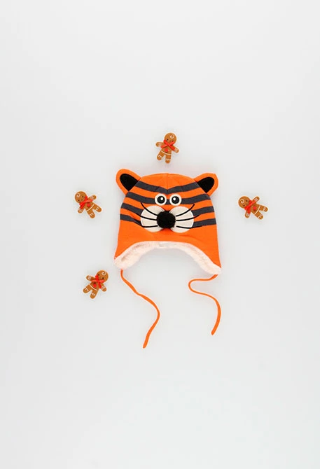 Knitted baby hat with tiger design