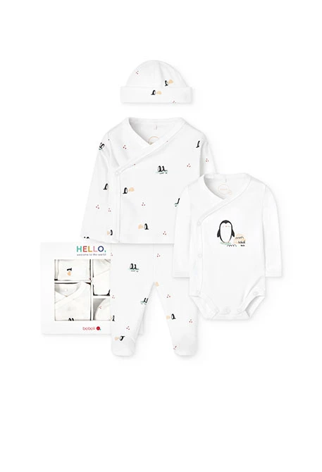 Baby-Set aus weißem Plüsch mit Pinguinen
