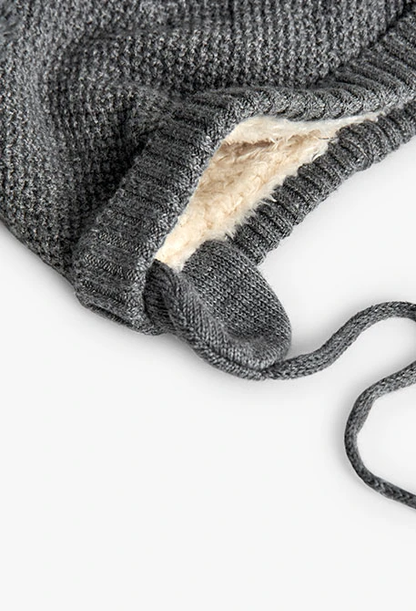 Grey baby hat with pompoms