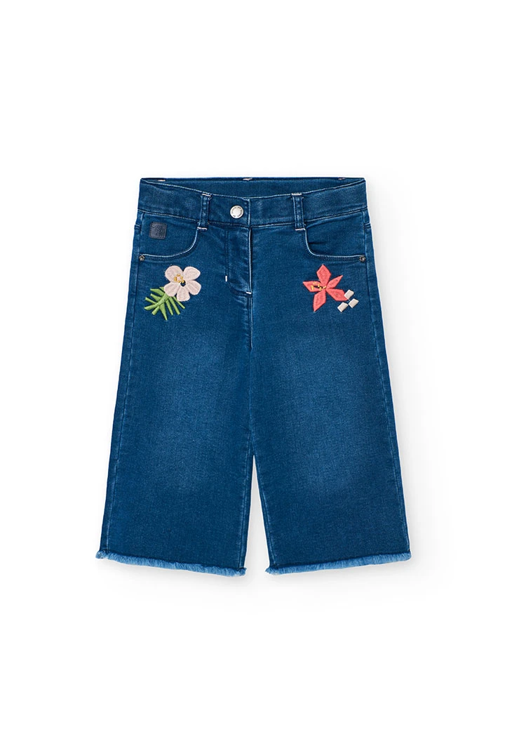 Pantaloni in maglia per neonata in colore blu con ricamo