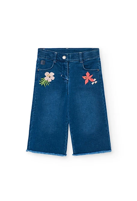 Pantalón de punto para bebé niña en color azul con bordado