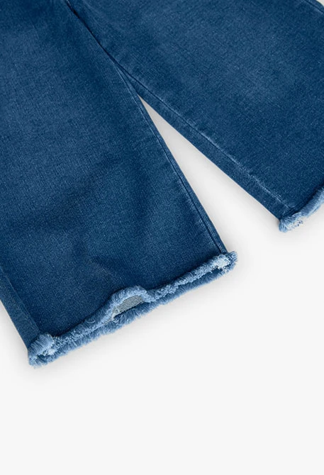 Calças de malha para bebé menina em azul com bordado