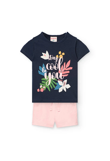 Conjunt de samarreta i pantalons curts de punt per a nadó nena en color blau marí i rosa.