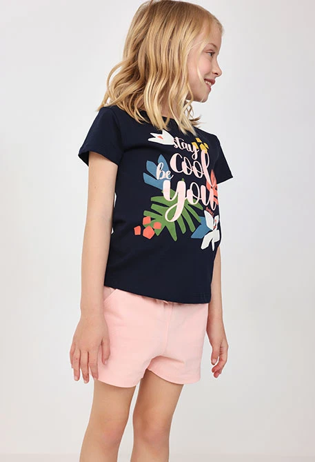 Conjunto de camiseta y short de punto para bebé niña en color azul marino y rosa