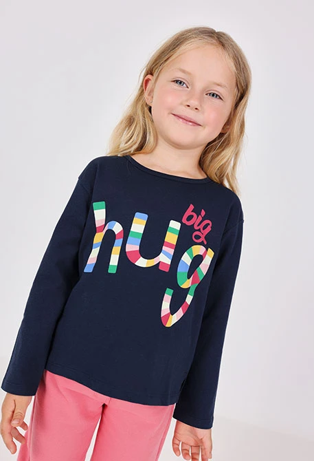 Maglietta a maglia bambina blu navy lettere colorate