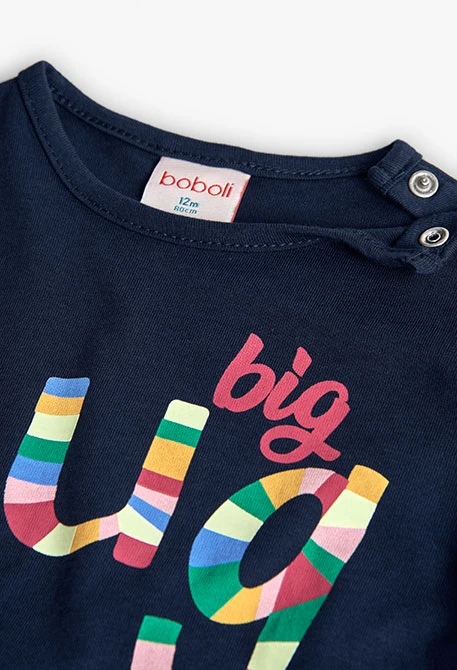 Navy blue knitted girl´s T-shirt with colourful letters