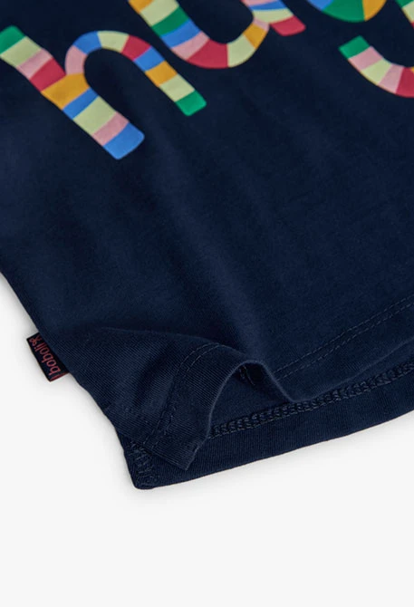 Navy blue knitted girl´s T-shirt with colourful letters