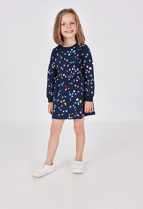 Navy blue dress with geometric shapes