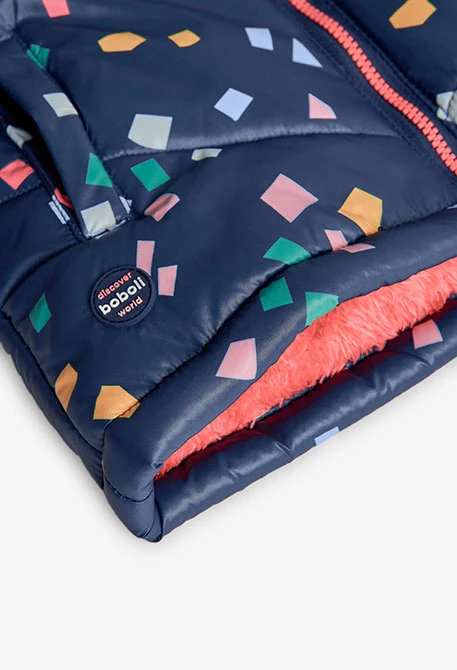 Parka bambina tessuto tecnico geometrico blu