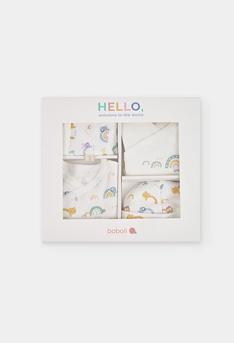 Confezione in maglia per neonato bianca con stampa arcobaleno e animali