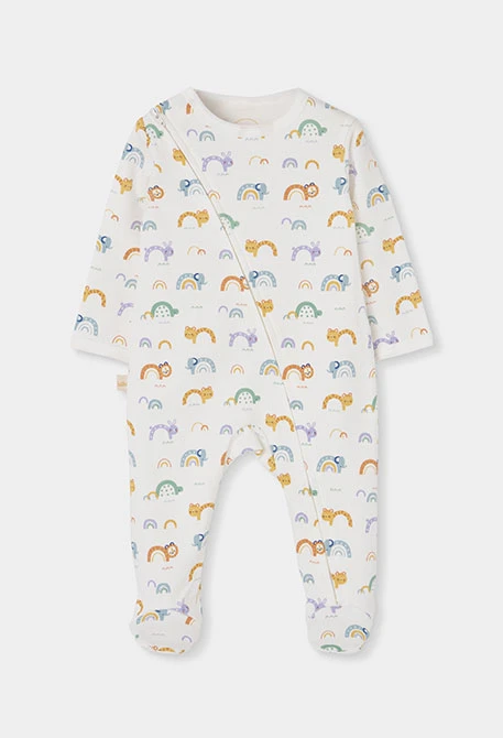 Baby animal and rainbow print white sleepsuit