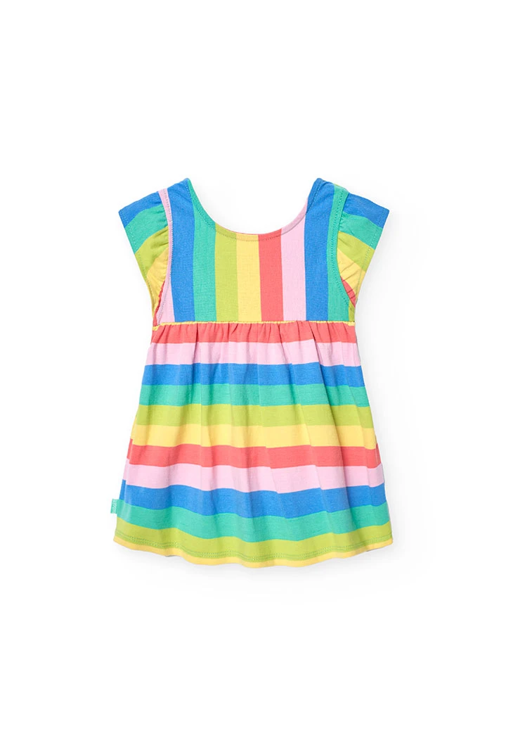 Knitted baby girl's dress with multicoloured striped print