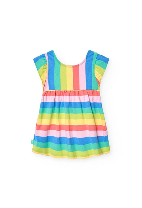 Knitted baby girl's dress with multicoloured striped print