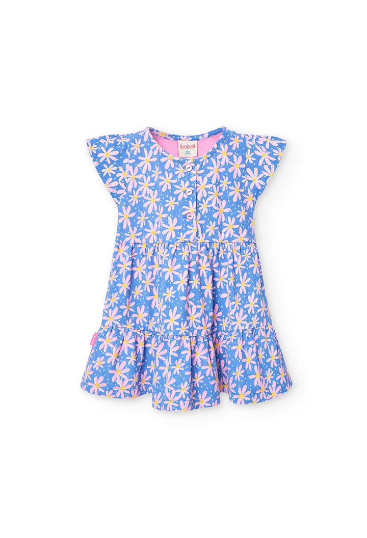 Vestito in maglia per bambina con stampa floreale nei colori blu e rosa
