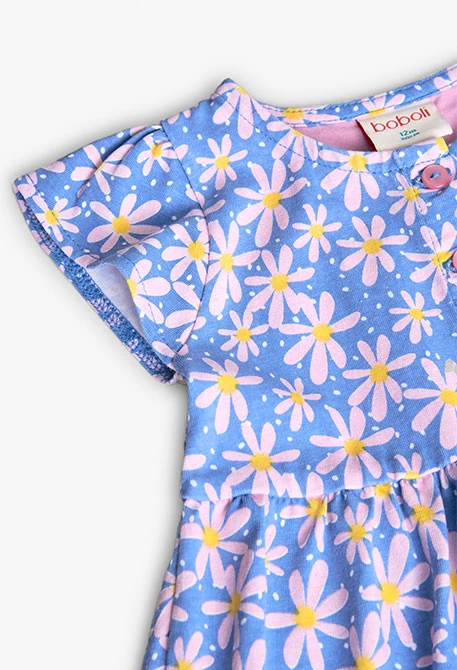 Robe en tricot pour bébé fille avec imprimé floral en bleu et rose.