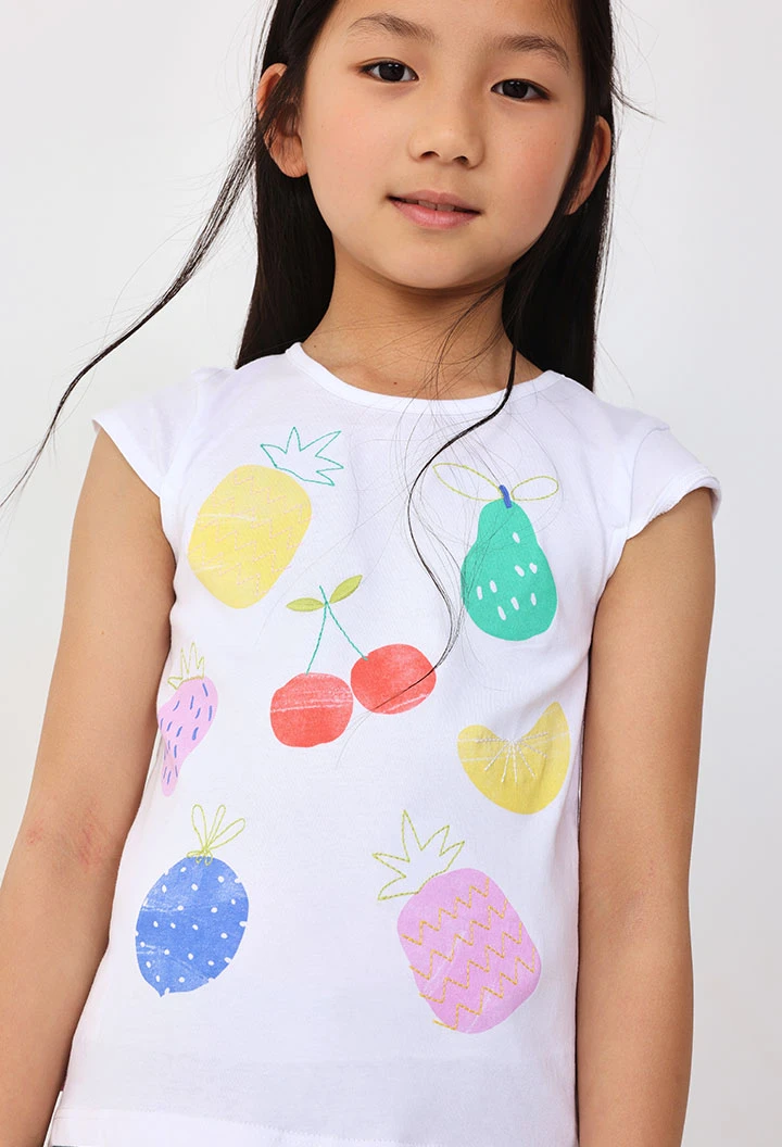 Maglietta a maglia per neonata in colore bianco con stampa di frutti