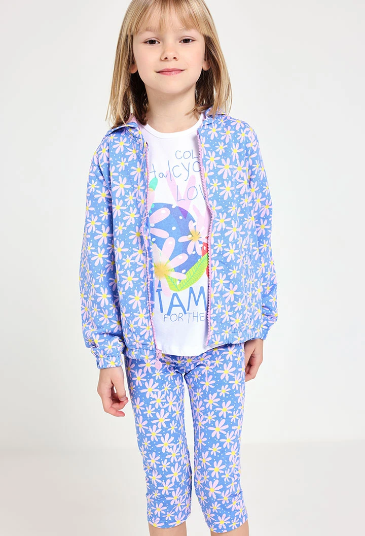 Casaco de malha para bebé menina com estampado de flores em azul