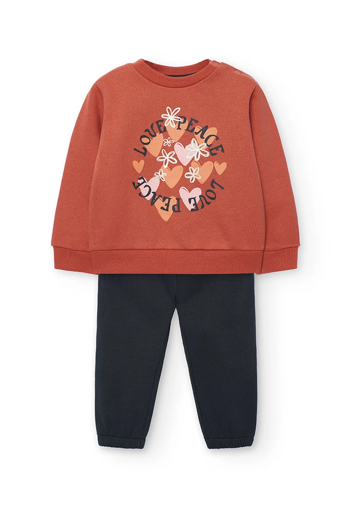 Mädchen-Set aus Fleece in Orange mit Herzen