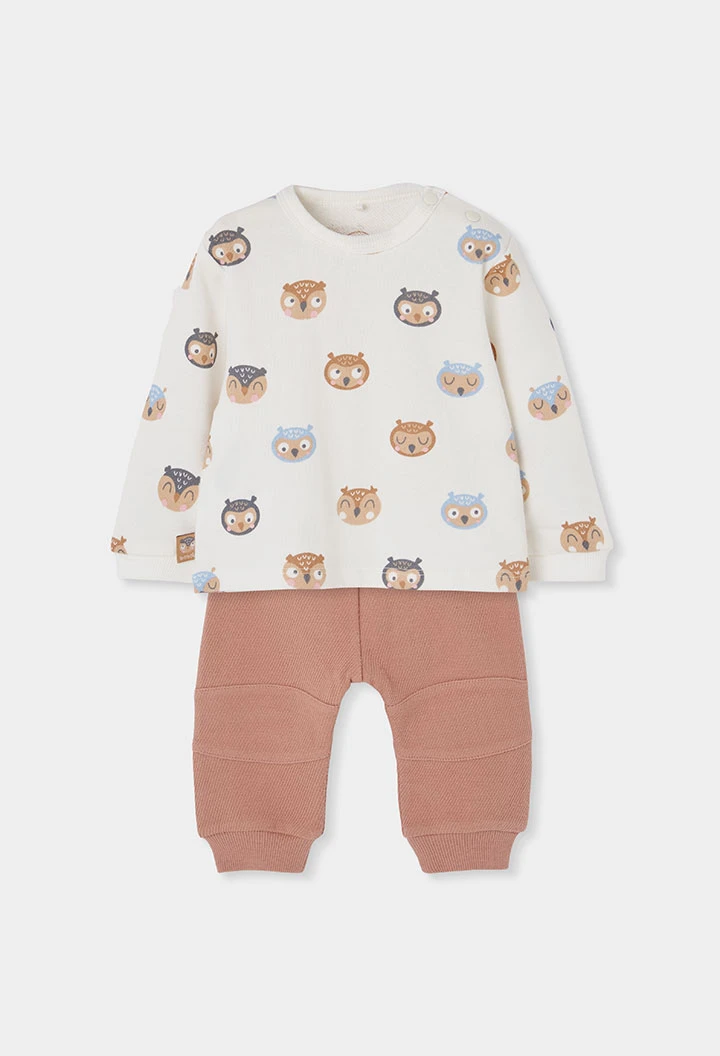 Ensemble maille bébé garçon écru imprimé hiboux