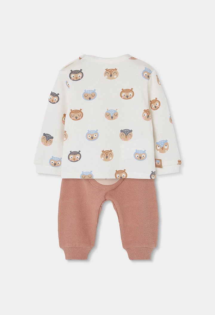 Ensemble maille bébé garçon écru imprimé hiboux
