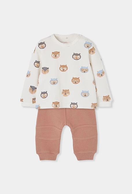 Ensemble maille bébé garçon écru imprimé hiboux