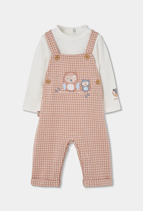 Ensemble maille bébé garçon carreaux rose brodé hiboux