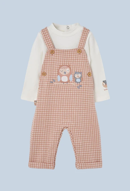 Beige Check Baby Knit Set with Embroidered Owls