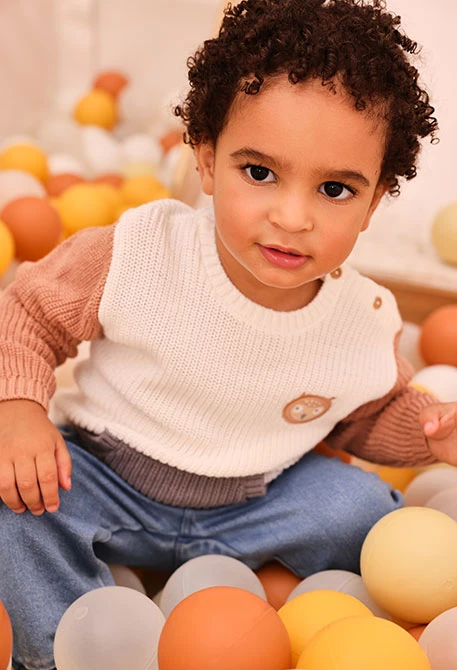 Pull bébé garçon blanc cassé bicolore avec poche