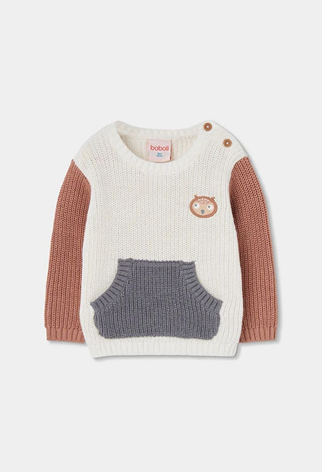 Pull bébé garçon blanc cassé bicolore avec poche