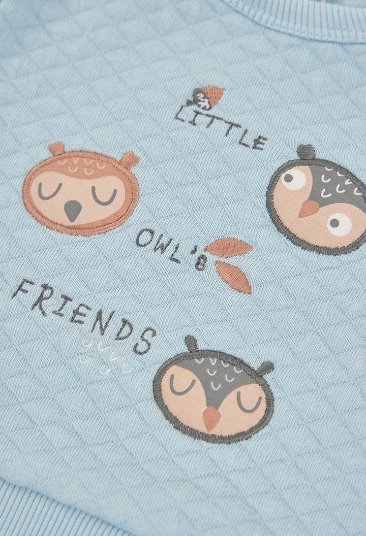 Conjunto de malha bebé menino azul celeste estampado corujas