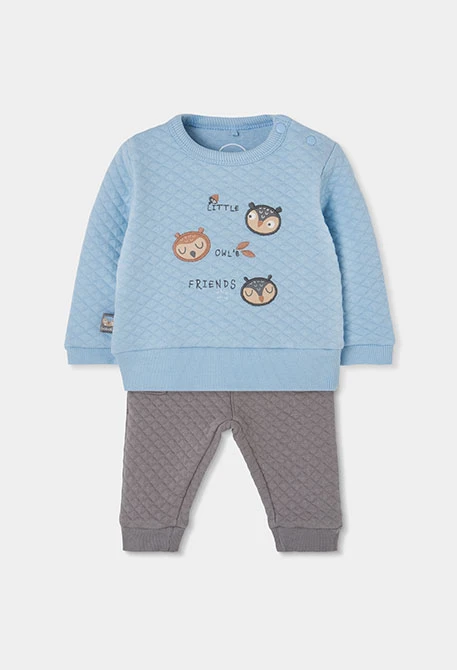 Completo in maglia neonato bambino azzurro celeste con stampa gufi