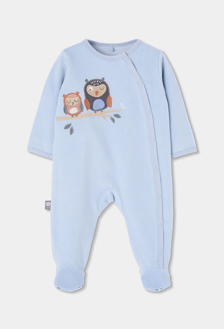 Grenouillère molleton bébé garçon bleu ciel broderie hiboux