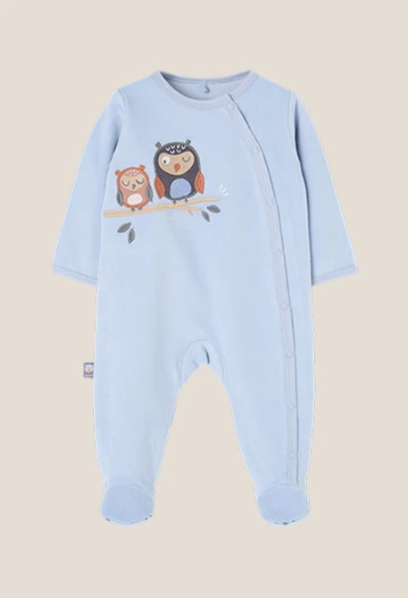 Baby plush sleepsuit pale blue embroidered owls