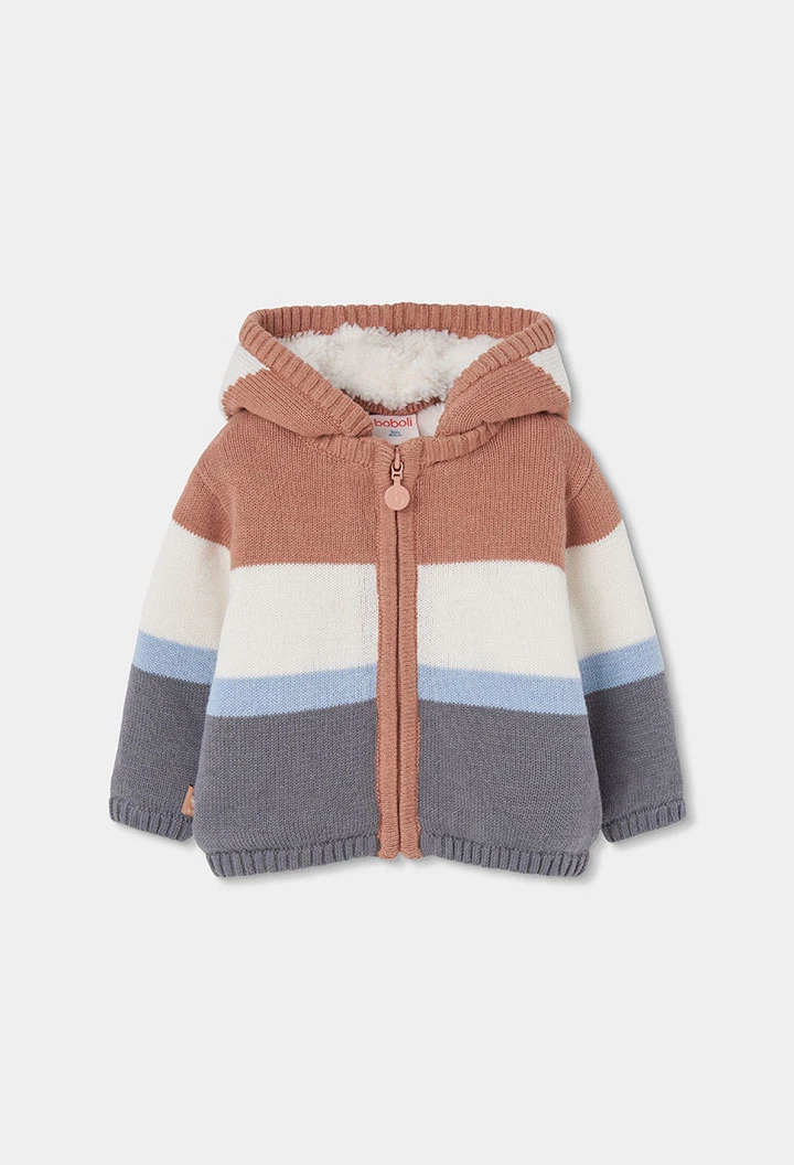 Veste en maille bébé garçon marron à rayures avec capuche