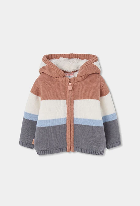 Veste en maille bébé garçon marron à rayures avec capuche