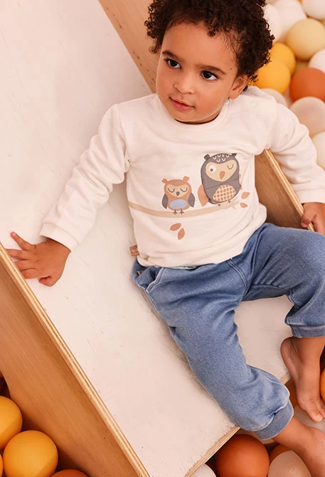 Sweat-shirt molleton bébé blanc cassé imprimé hiboux