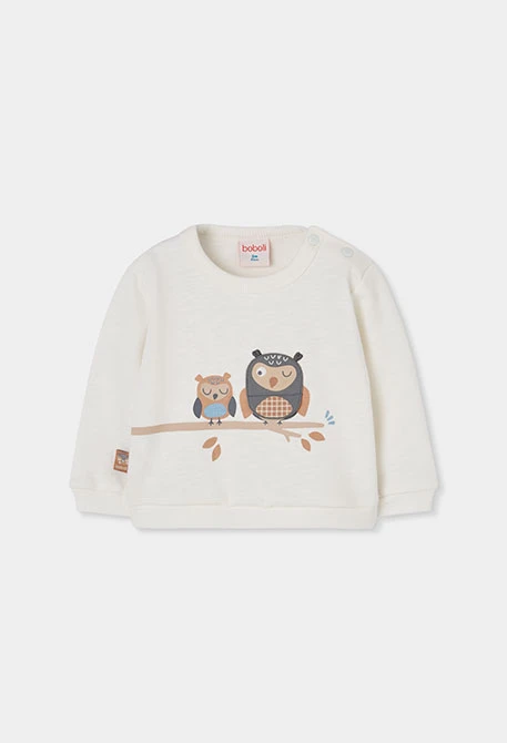 Sweat-shirt molleton bébé blanc cassé imprimé hiboux