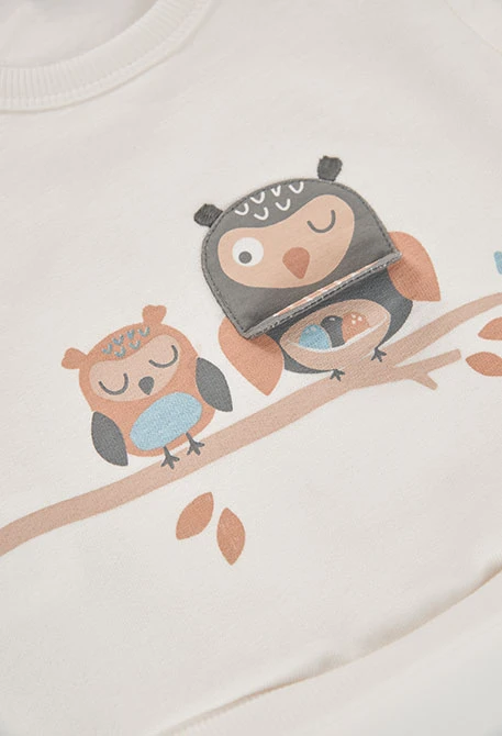 Baby white fleece sweatshirt with owl print
