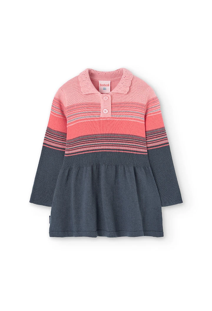 Knitted dress for baby girl with striped print in shades of pink