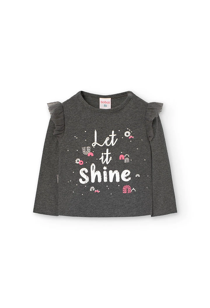 Camiseta de algodão para bebé menina estampada \"let it shine\" em cinza