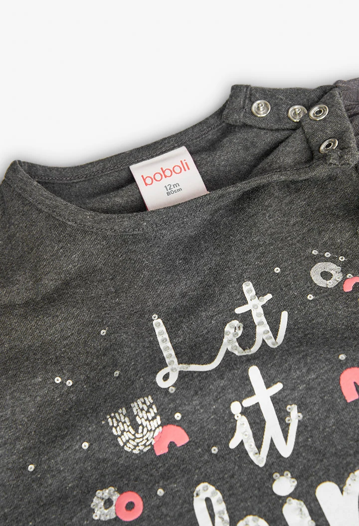 Camiseta de algodón para bebé niña estampado"let it shine" en gris