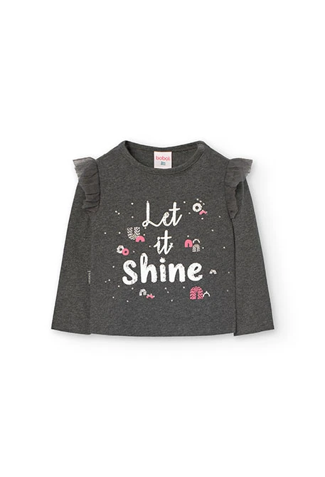 Cotton T-shirt for baby girl with \"let it shine\" print in grey