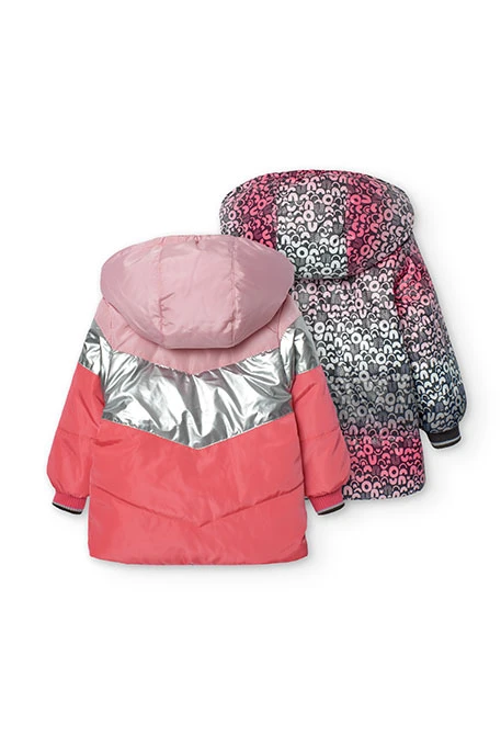 Reversible parka for baby girl in pink