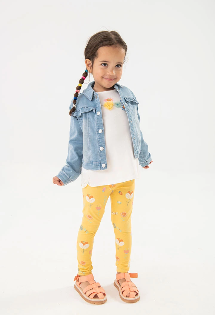 Knitted leggings for baby girl in yellow with print